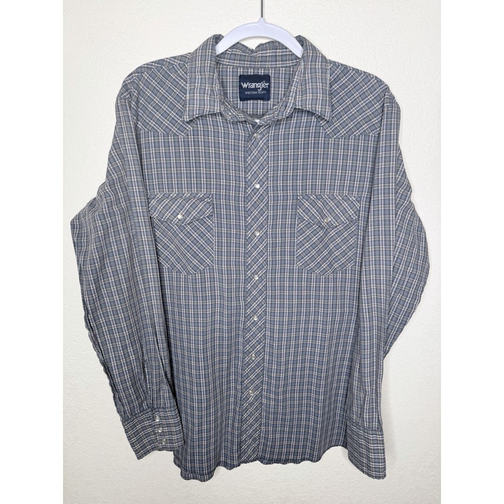 Vintage Wrangler Western Pearl Snap Shirt‎ Mens L Gray Plaid Long Sleeve Cowboy